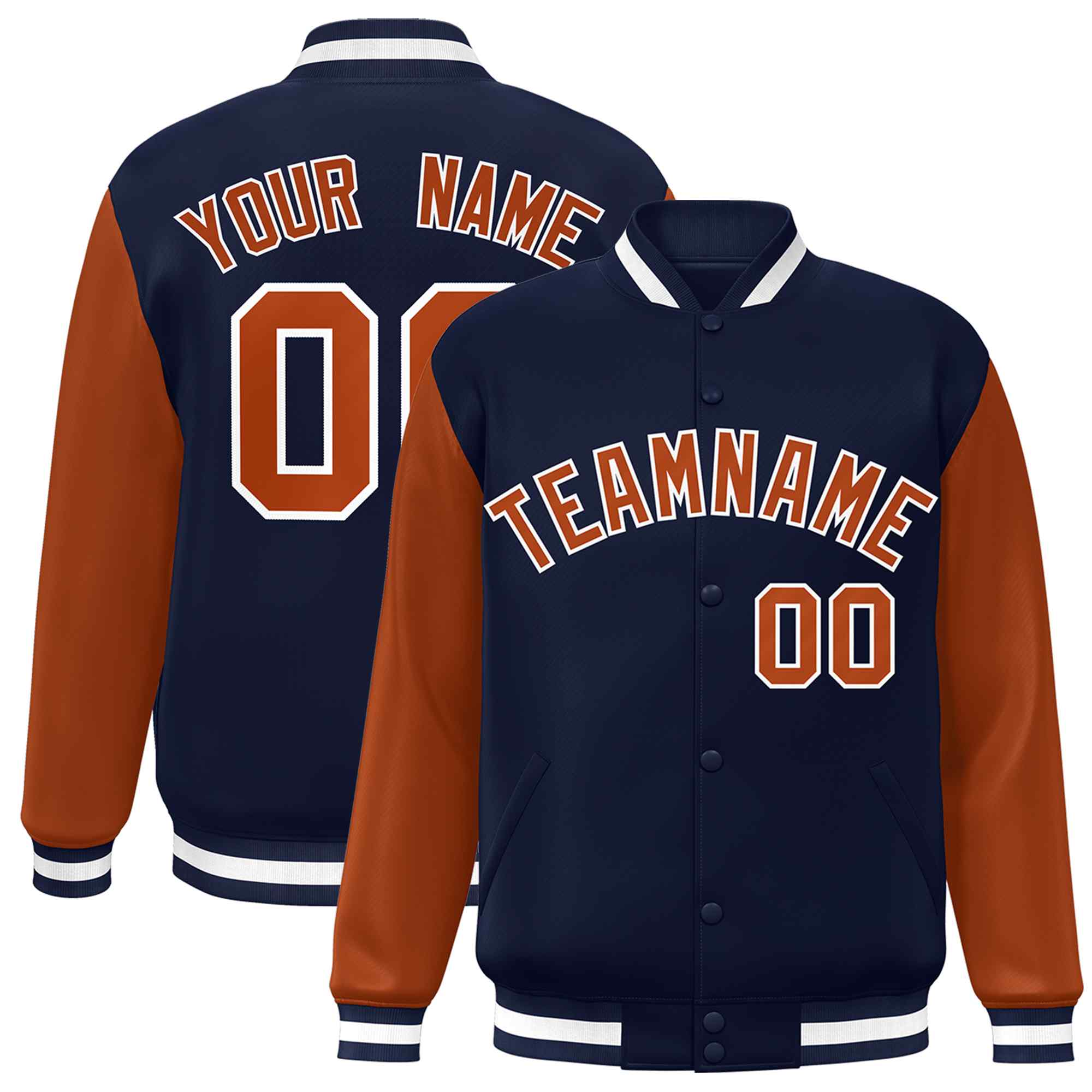 Custom Navy Texas Orange-White Raglan Sleeves Varsity Full-Snap Letterman Jacket