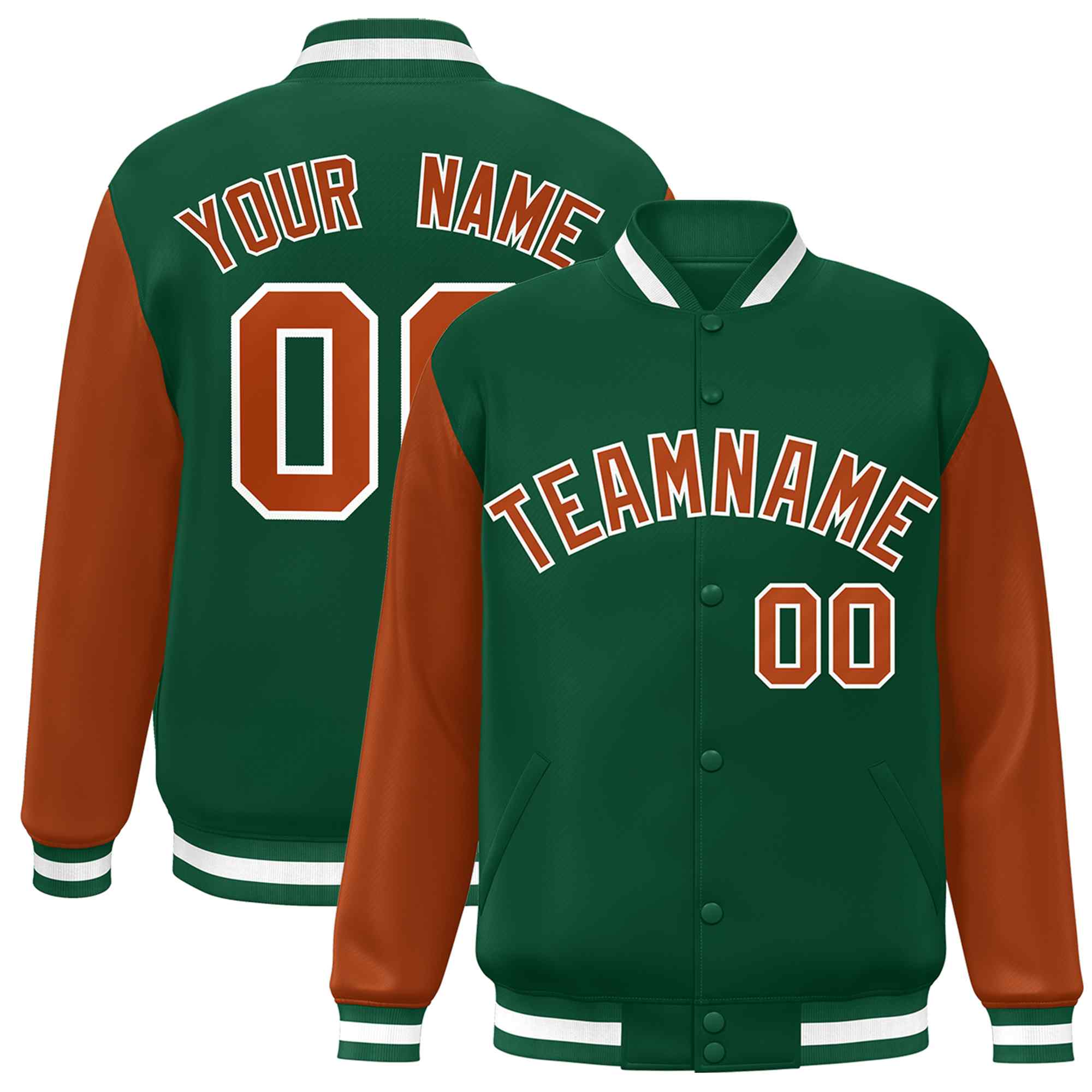 Custom Green Texas Orange-White Raglan Sleeves Varsity Full-Snap Letterman Jacket