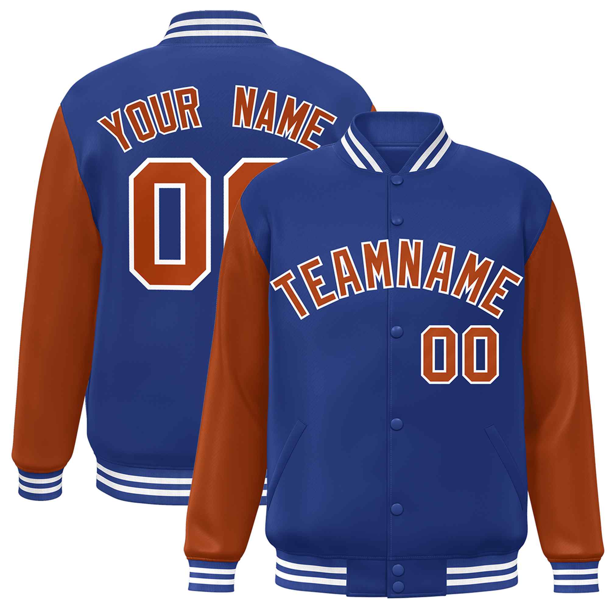 Custom Royal Texas Orange-White Raglan Sleeves Varsity Full-Snap Letterman Jacket