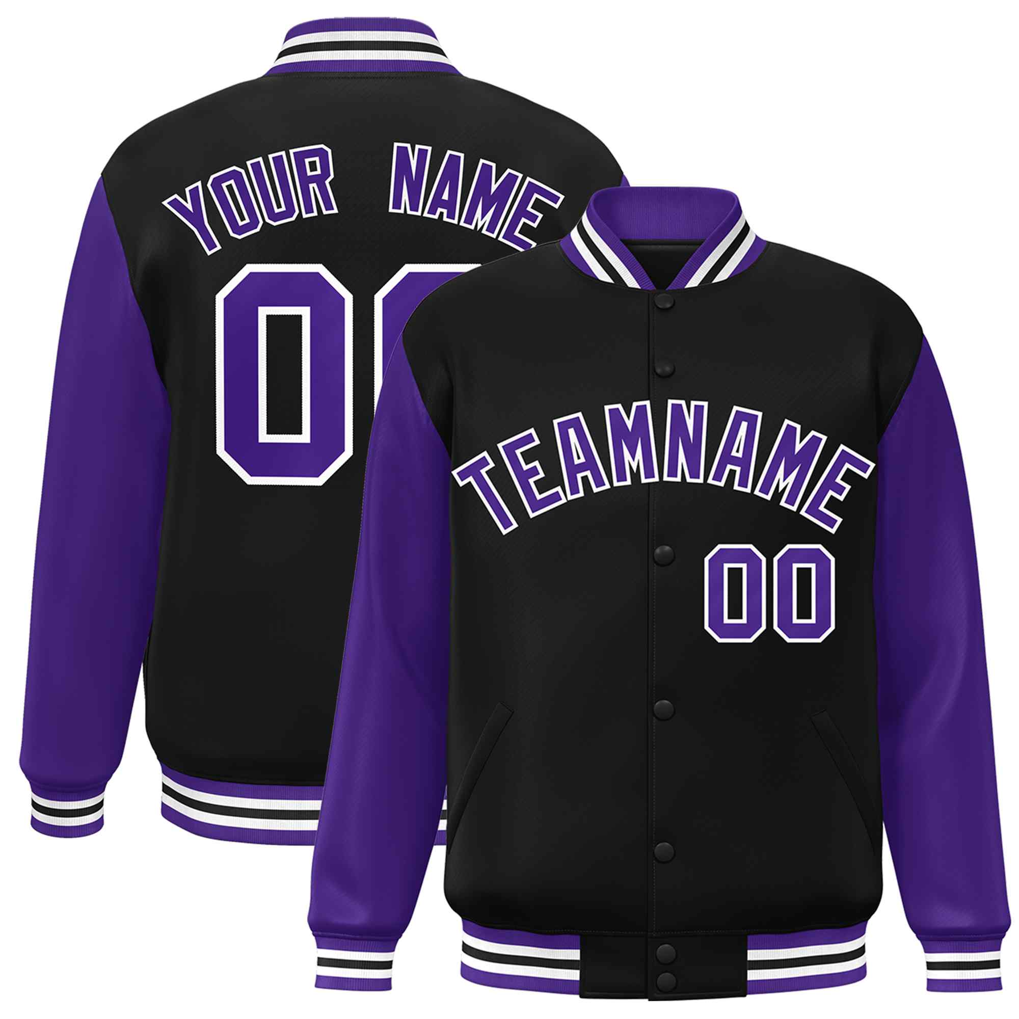 Custom Black Purple-White Raglan Sleeves Varsity Full-Snap Letterman Jacket