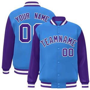 Veste Letterman Varsity Full-Snap à manches raglan bleu poudre personnalisée violet-blanc