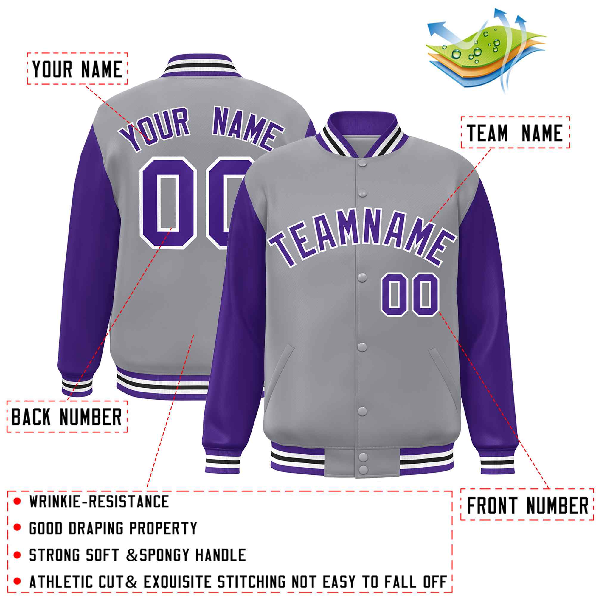 Veste Letterman Varsity Full-Snap à manches raglan gris violet-blanc personnalisée