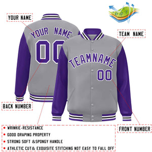 Custom Gray Purple-White Raglan Sleeves Varsity Full-Snap Letterman Jacket