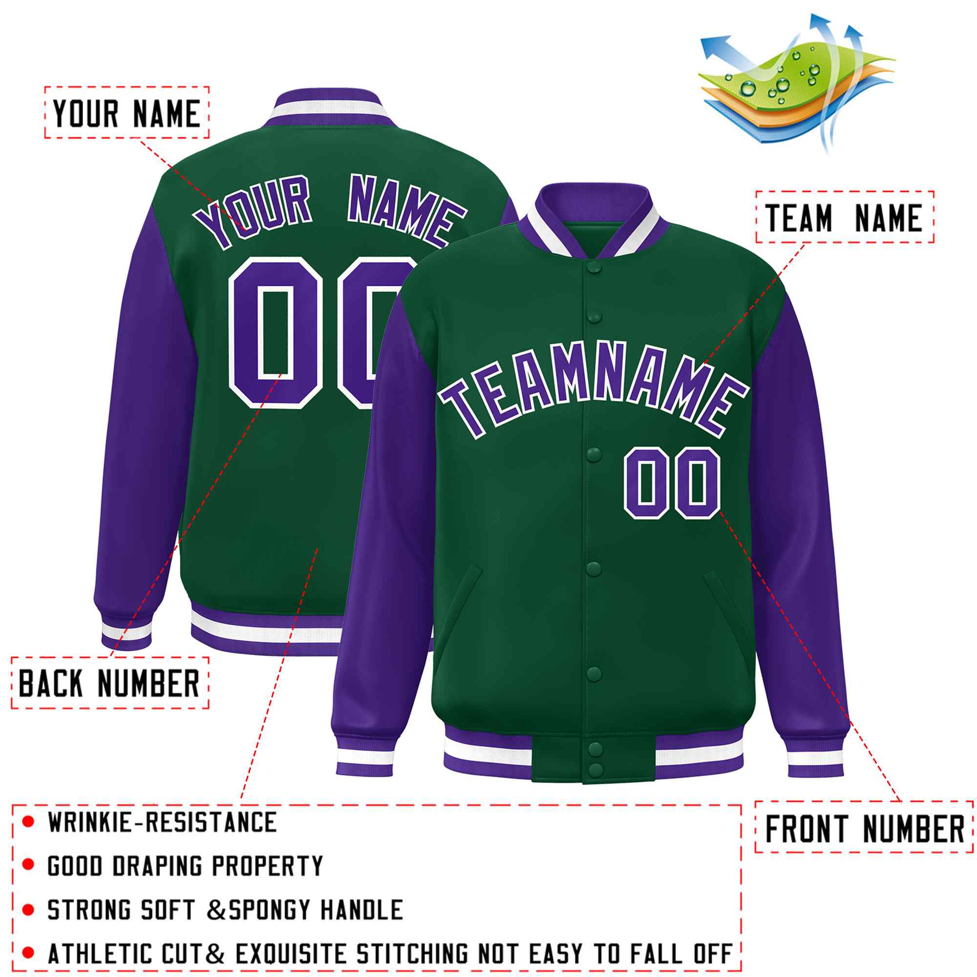 Veste Letterman Varsity Full-Snap à manches raglan personnalisées vert violet-blanc