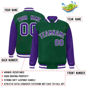 Custom Green Purple-White Raglan Sleeves Varsity Full-Snap Letterman Jacket