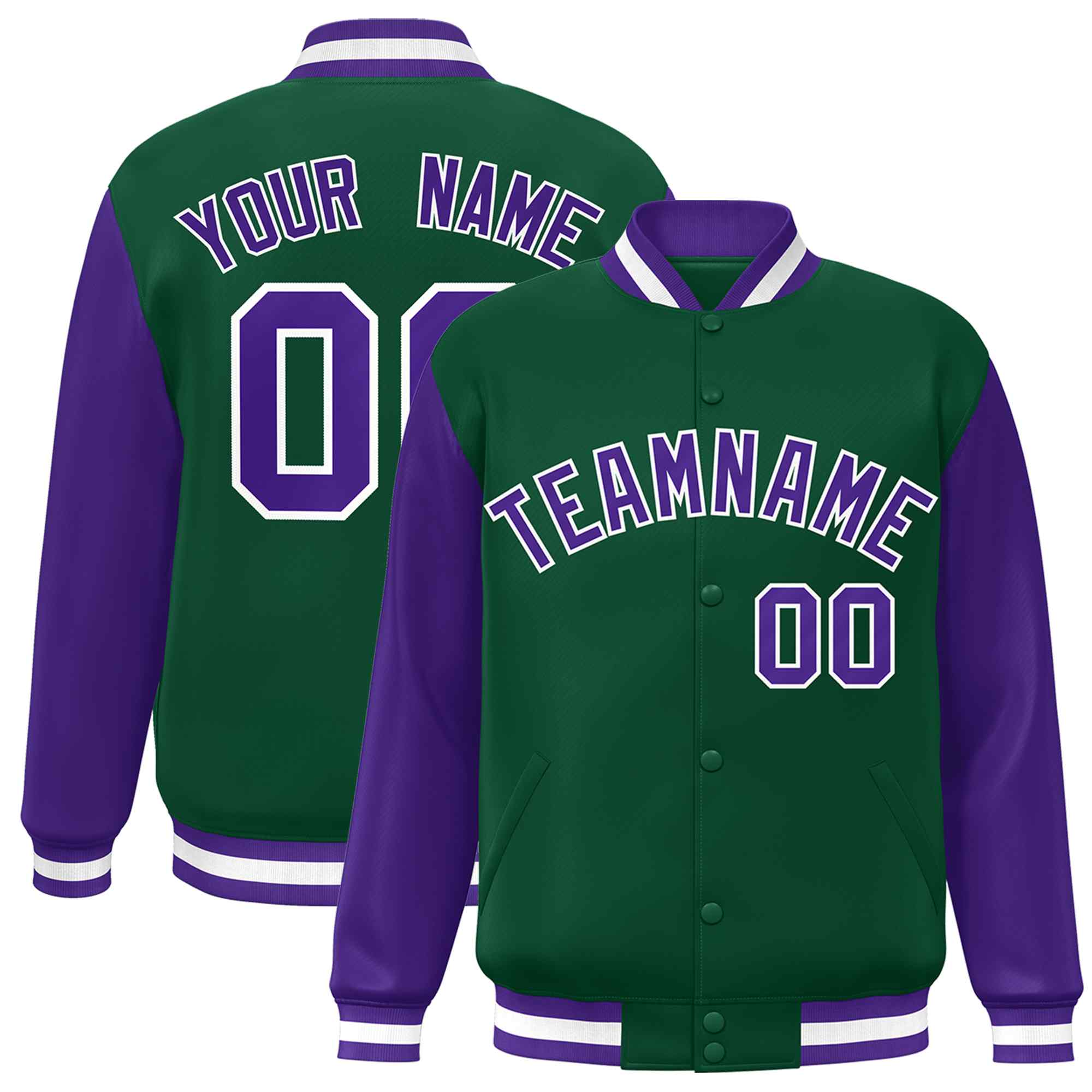 Veste Letterman Varsity Full-Snap à manches raglan personnalisées vert violet-blanc