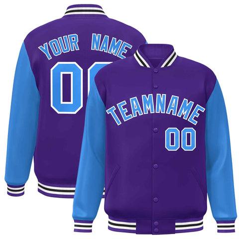 Custom Purple Powder Blue-White Raglan Sleeves Varsity Full-Snap Letterman Jacket