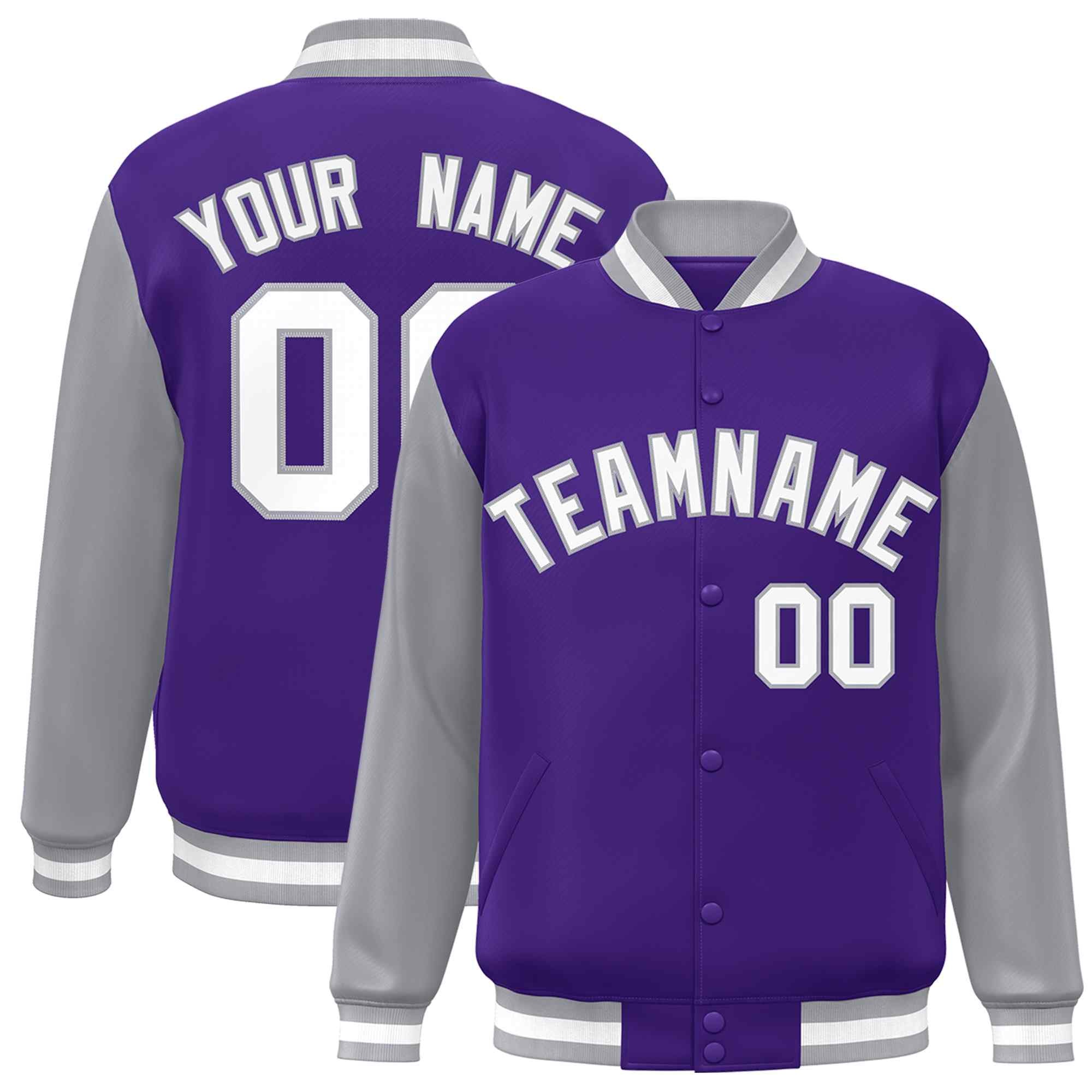 Veste Letterman Varsity Full-Snap à manches raglan personnalisées violet blanc-gris