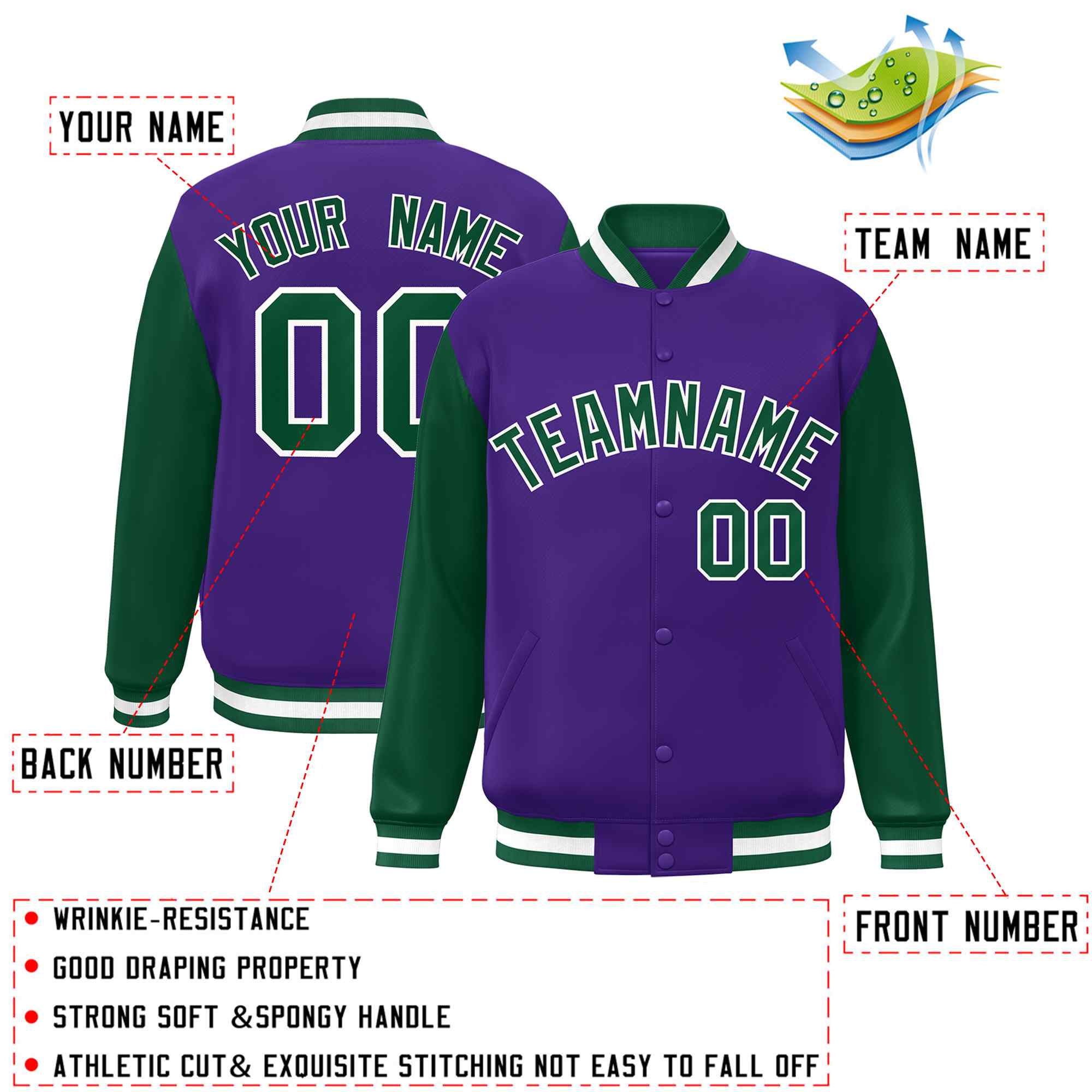 Veste Letterman Varsity Full-Snap à manches raglan personnalisées violet vert-blanc