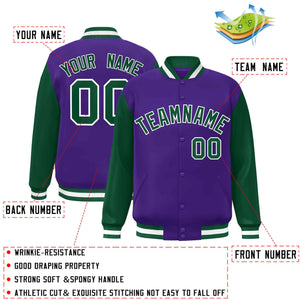 Custom Purple Green-White Raglan Sleeves Varsity Full-Snap Letterman Jacket