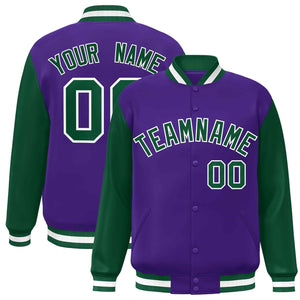 Custom Purple Green-White Raglan Sleeves Varsity Full-Snap Letterman Jacket