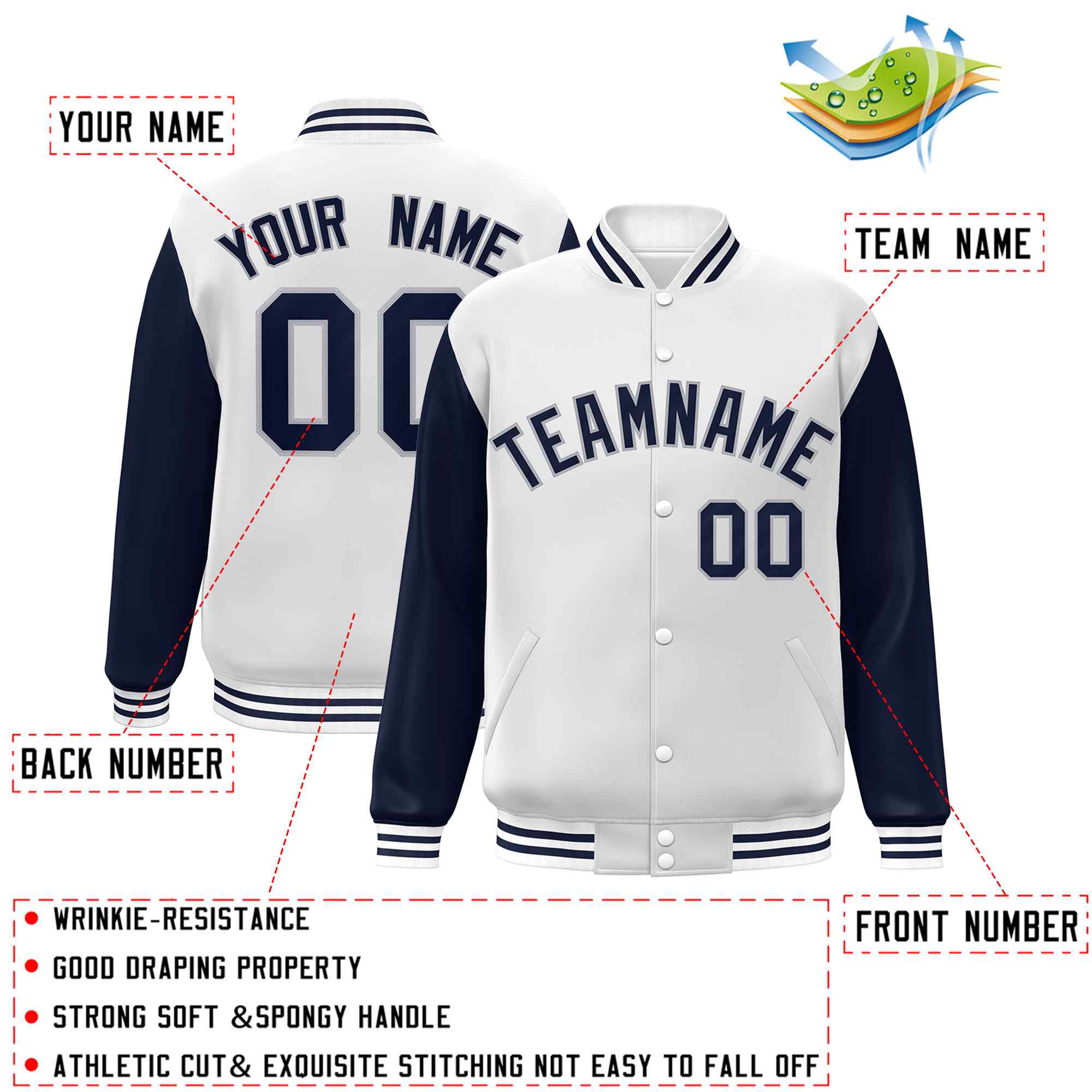 Veste Letterman Varsity Full-Snap personnalisée à manches raglan blanc-gris marine