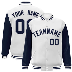 Veste Letterman Varsity Full-Snap personnalisée à manches raglan blanc-gris marine