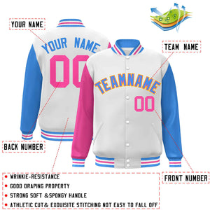 Custom White Powder Blue-Pink Raglan Sleeves Varsity Full-Snap Letterman Jacket