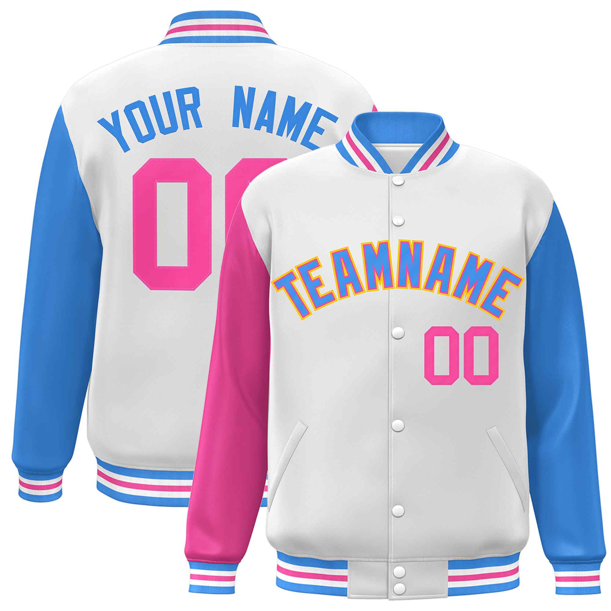 Custom White Powder Blue-Pink Raglan Sleeves Varsity Full-Snap Letterman Jacket