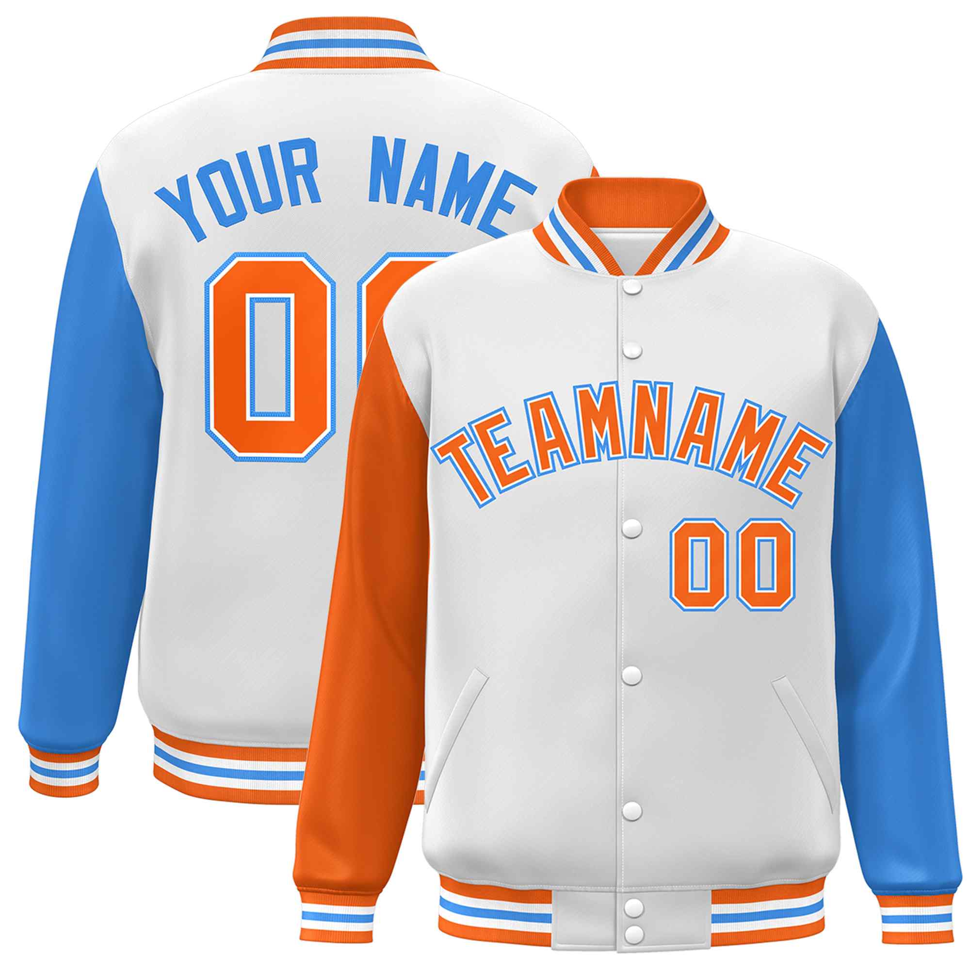 Custom White Orange-White Raglan Sleeves Varsity Full-Snap Letterman Jacket