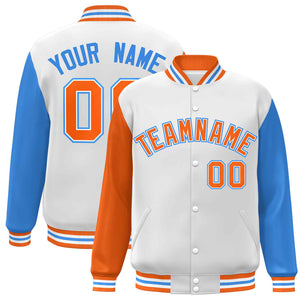 Custom White Orange-White Raglan Sleeves Varsity Full-Snap Letterman Jacket