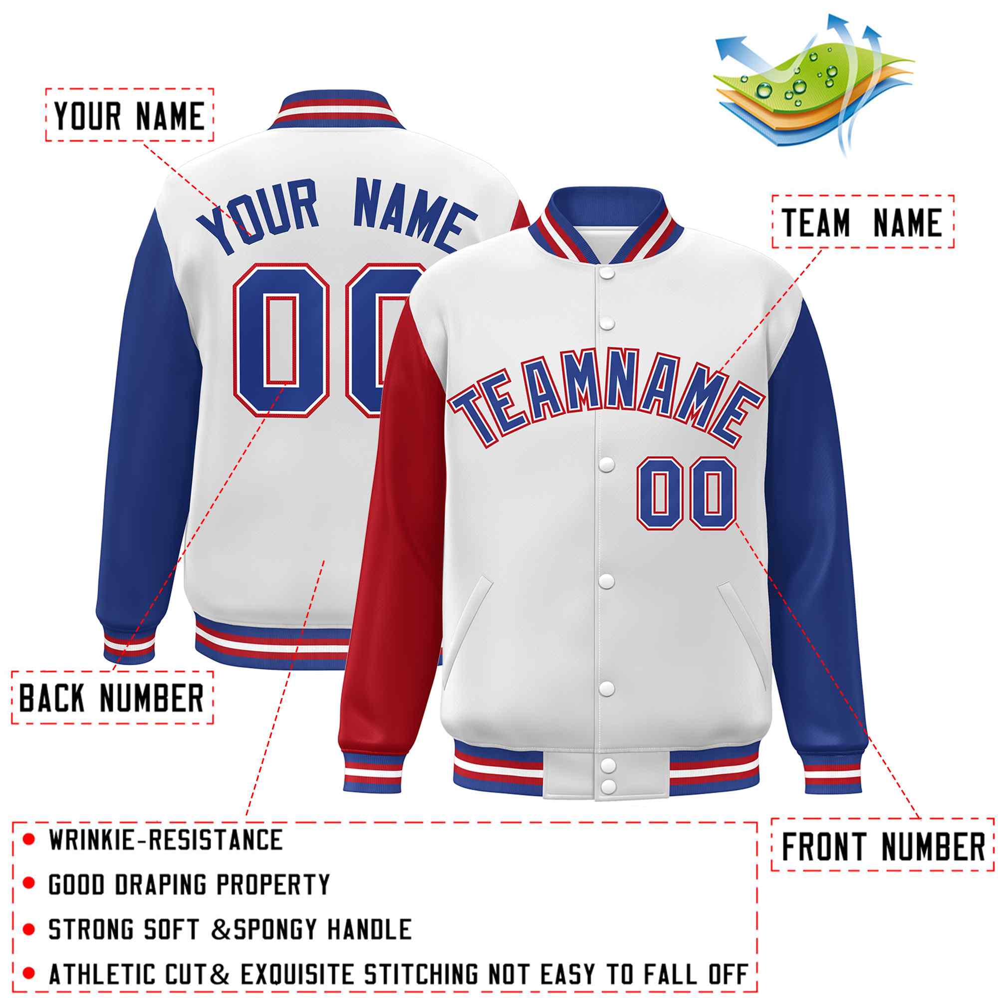 Veste Letterman Varsity Full-Snap à manches raglan blanc royal-blanc personnalisée