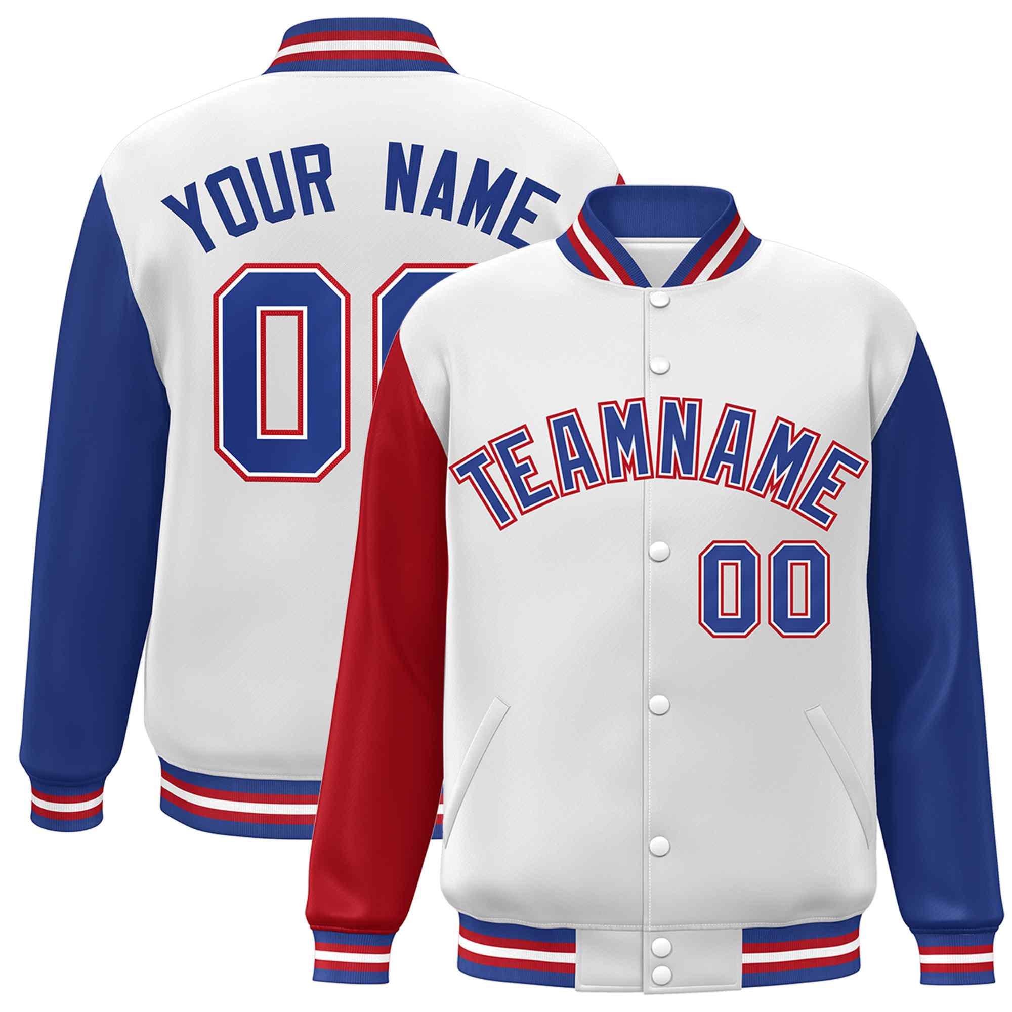 Veste Letterman Varsity Full-Snap à manches raglan blanc royal-blanc personnalisée