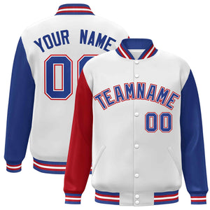 Custom White Royal-White Raglan Sleeves Varsity Full-Snap Letterman Jacket