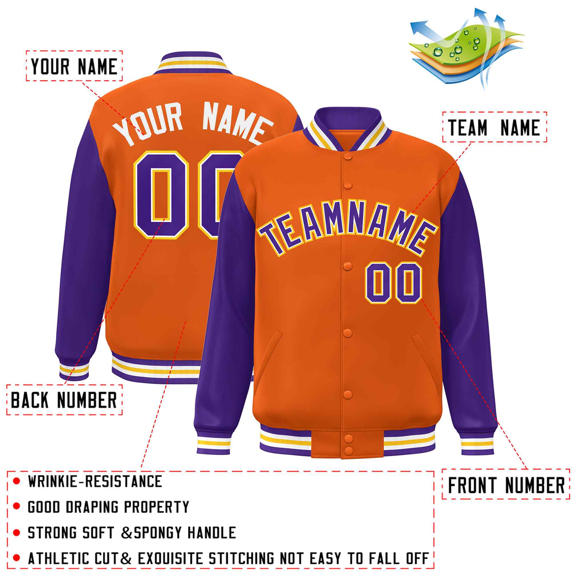 Veste Letterman Varsity Full-Snap à manches raglan orange violet-blanc personnalisée