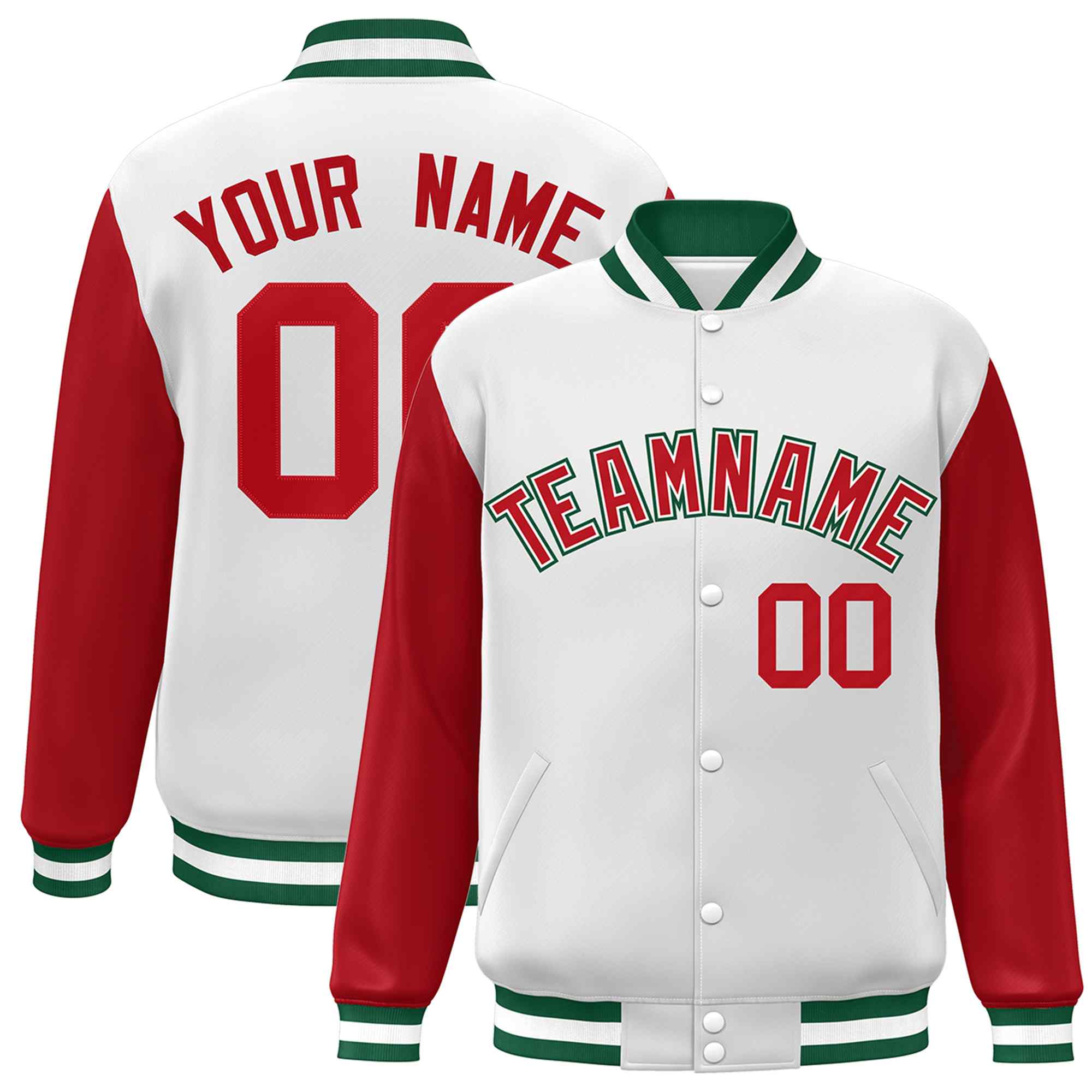 Veste Letterman Varsity Full-Snap à manches raglan blanc rouge-blanc personnalisée