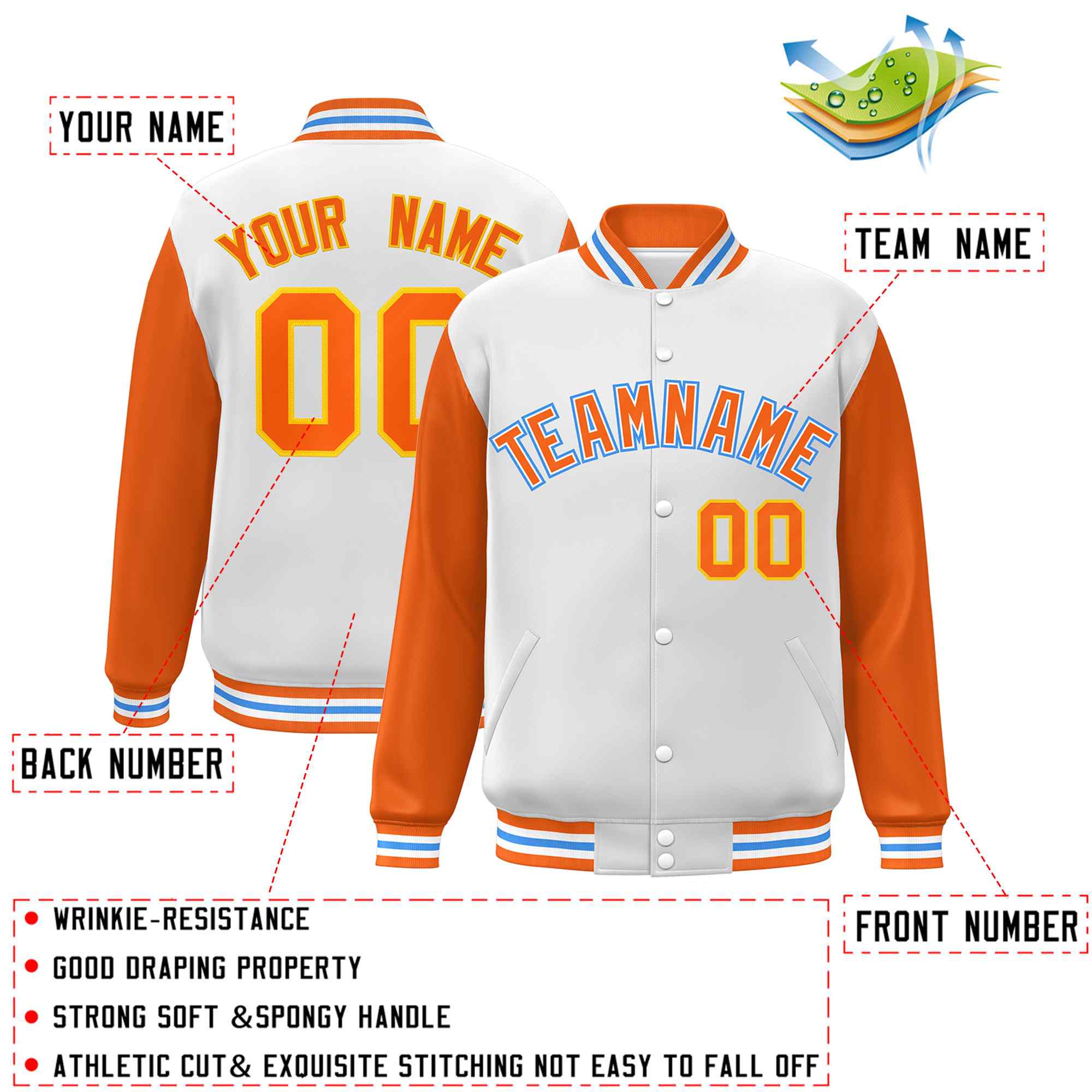 Veste Letterman Varsity Full-Snap à manches raglan blanc-orange-blanc personnalisée