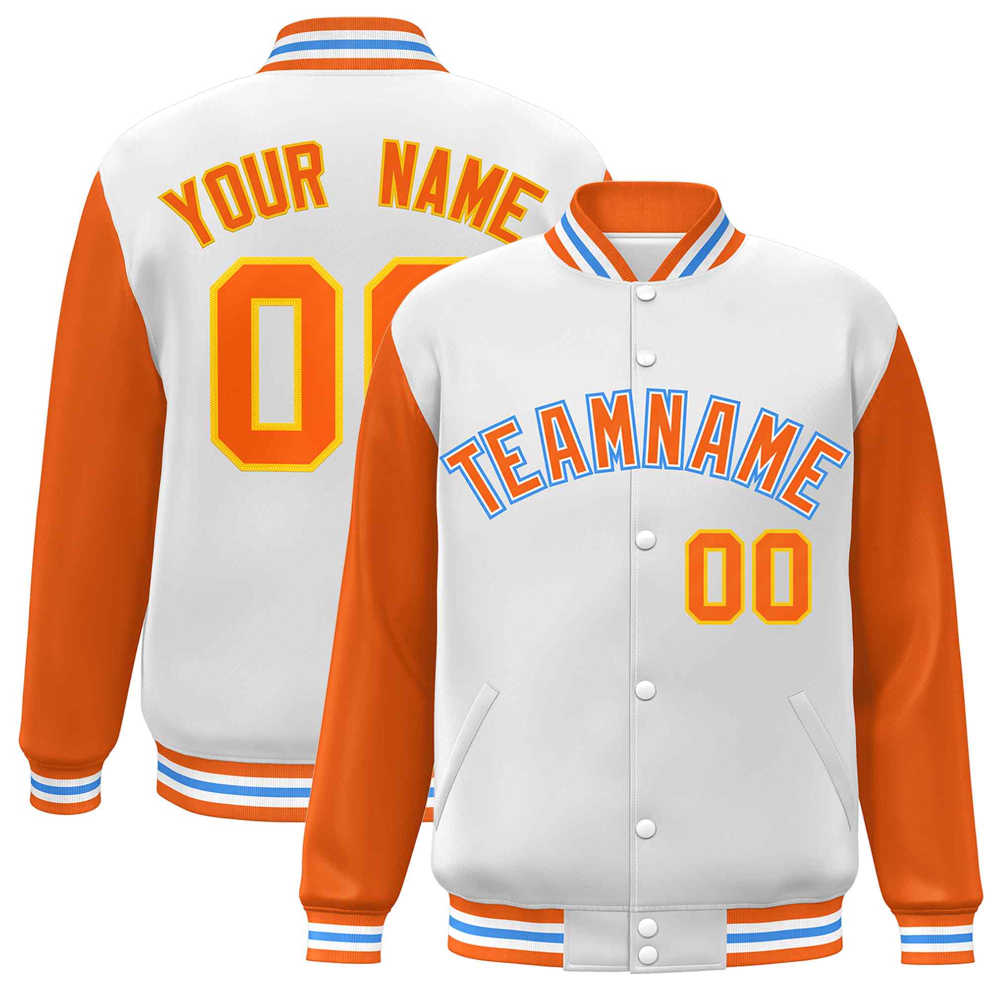 Custom White Orange-White Raglan Sleeves Varsity Full-Snap Letterman Jacket