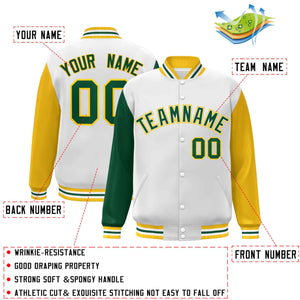 Veste Letterman Varsity Full-Snap personnalisée à manches raglan blanc vert-blanc