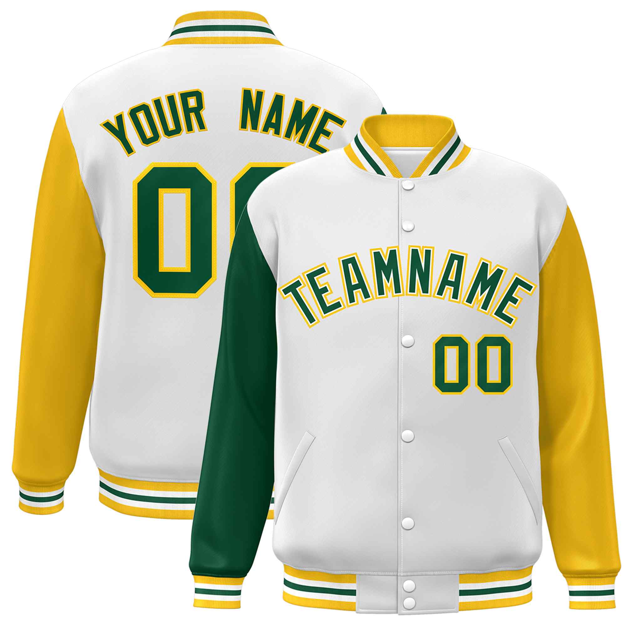 Custom White Green-White Raglan Sleeves Varsity Full-Snap Letterman Jacket