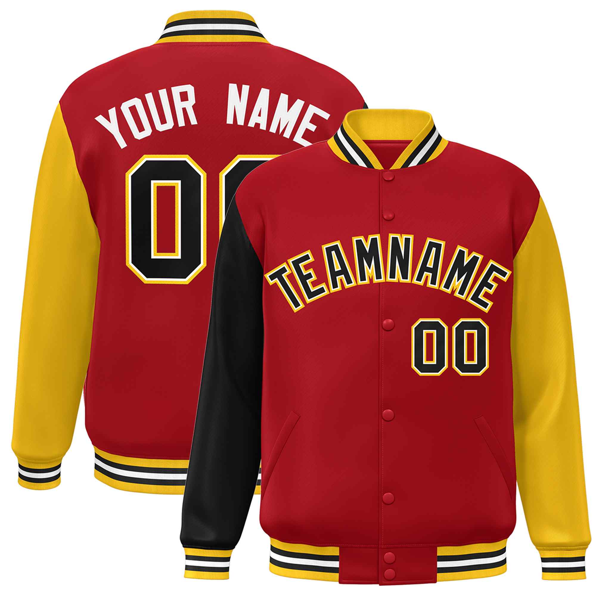 Custom Red Black-White Raglan Sleeves Varsity Full-Snap Letterman Jacket