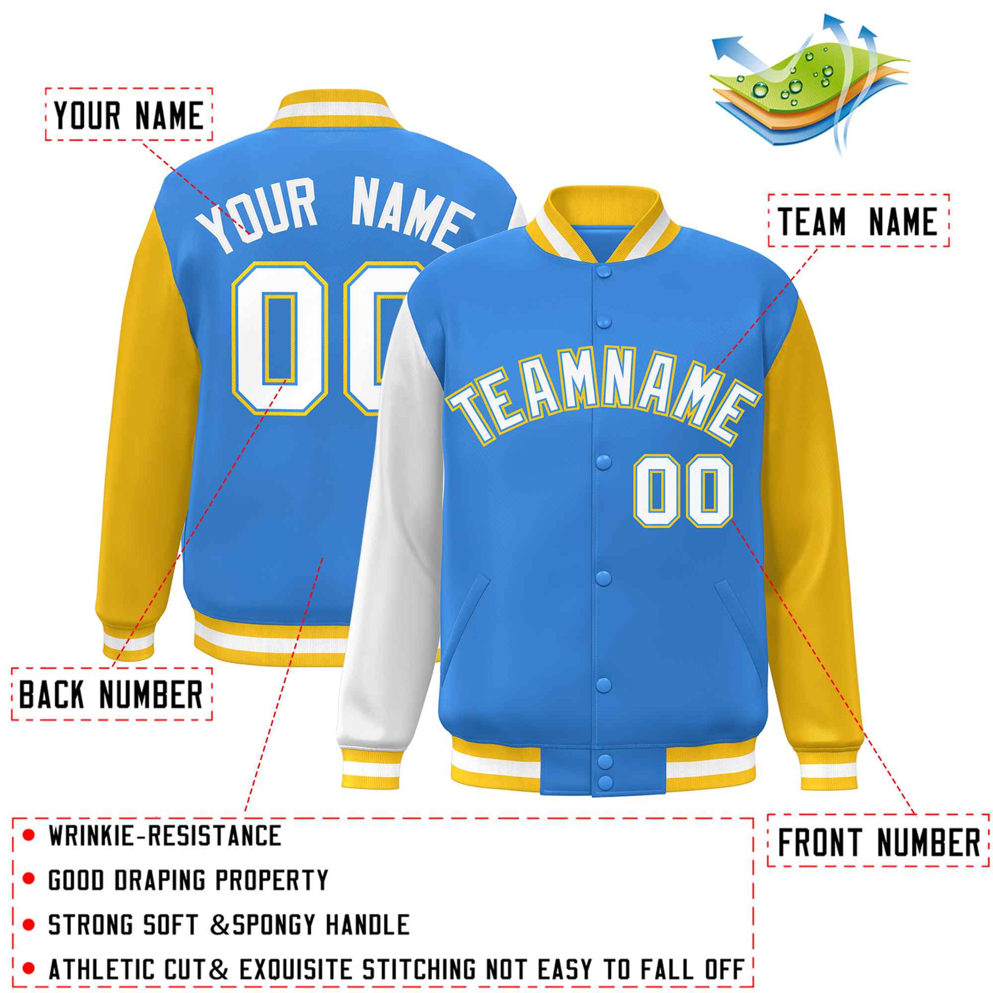 Custom Powder Blue White-Powder Blue Raglan Sleeves Varsity Full-Snap Letterman Jacket