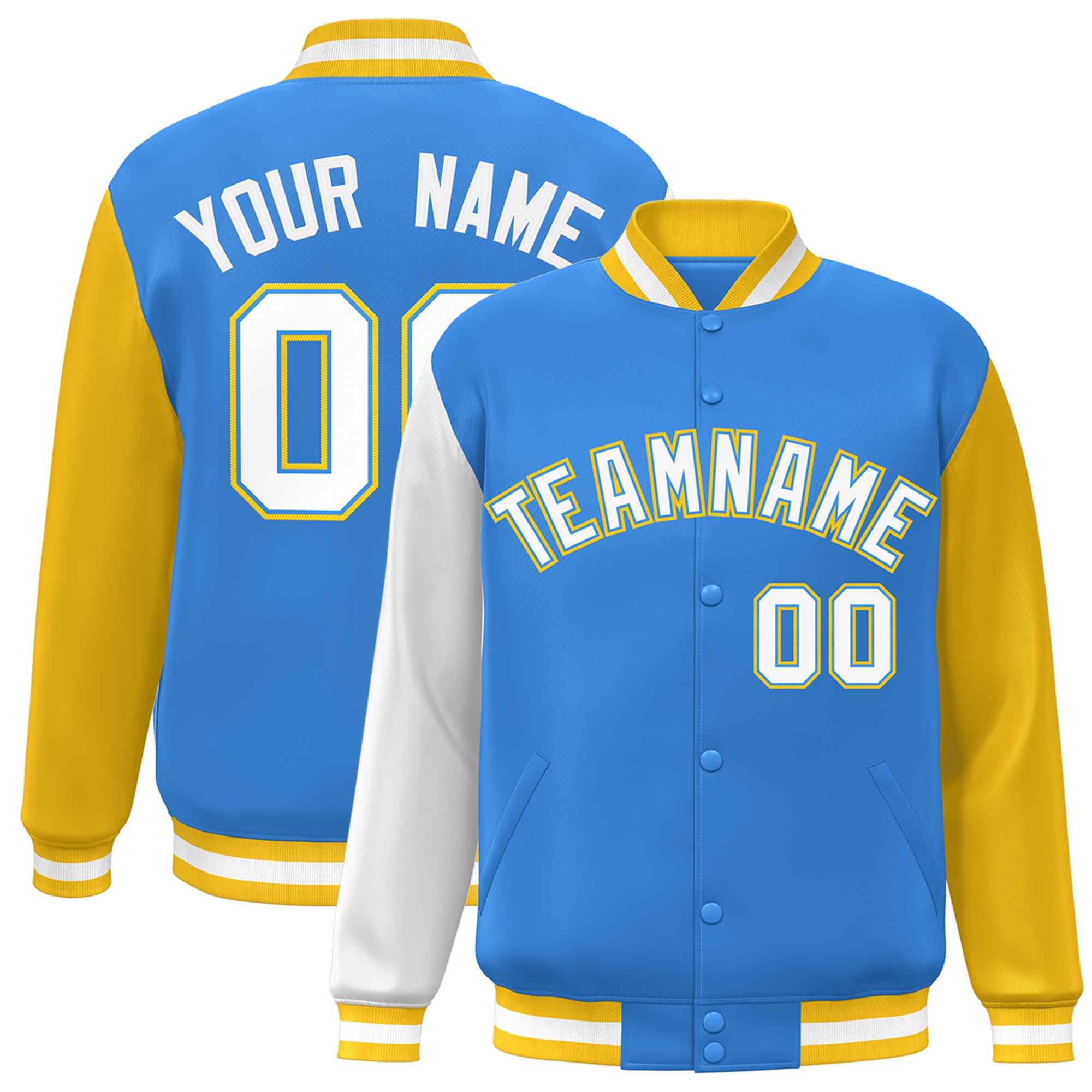 Custom Powder Blue White-Powder Blue Raglan Sleeves Varsity Full-Snap Letterman Jacket