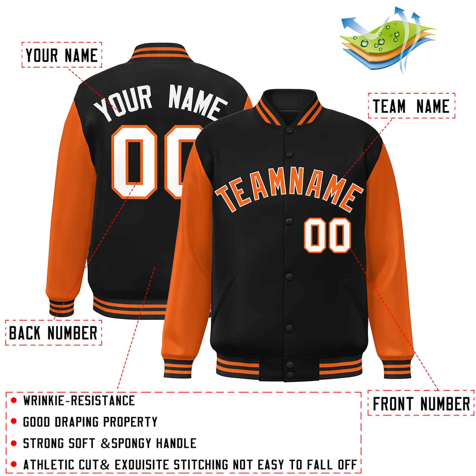 Custom Black Orange-White Raglan Sleeves Varsity Full-Snap Letterman Jacket