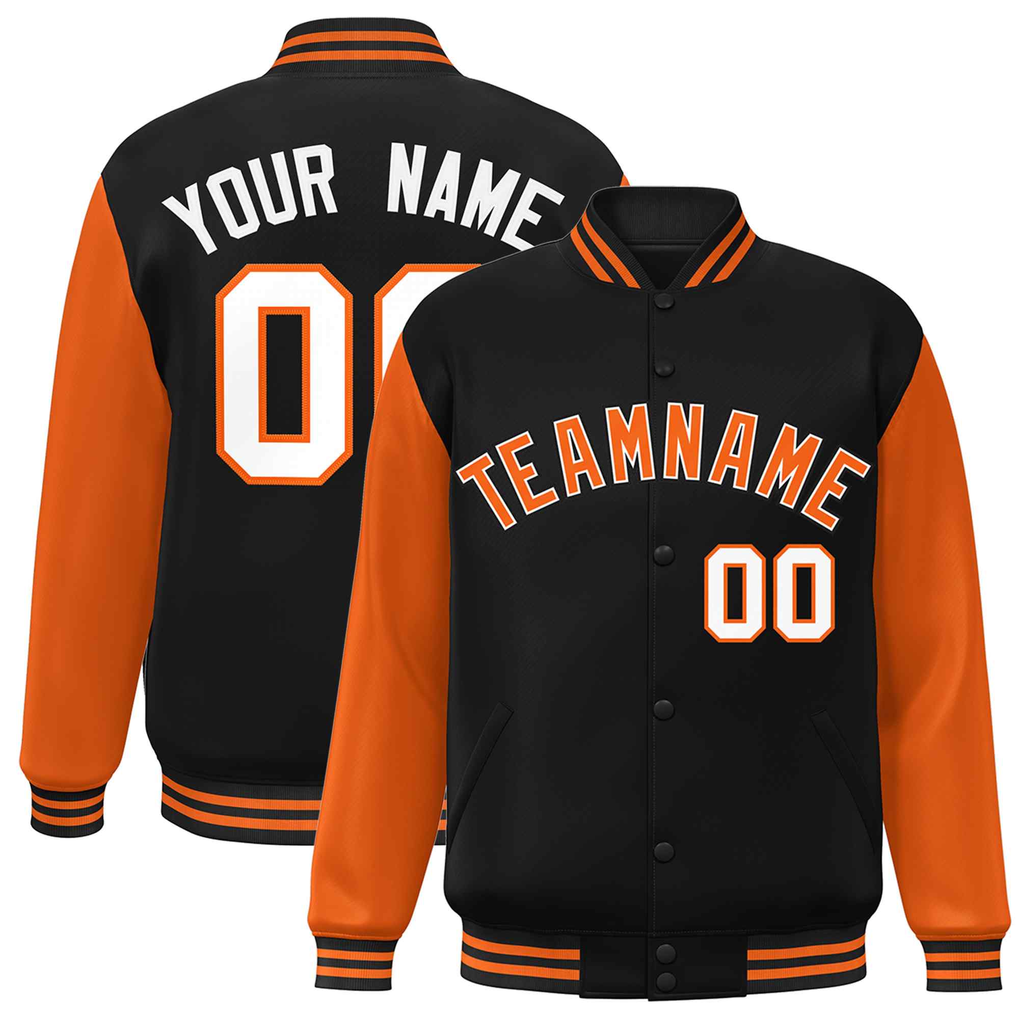 Veste Letterman Varsity Full-Snap personnalisée à manches raglan noir orange-blanc