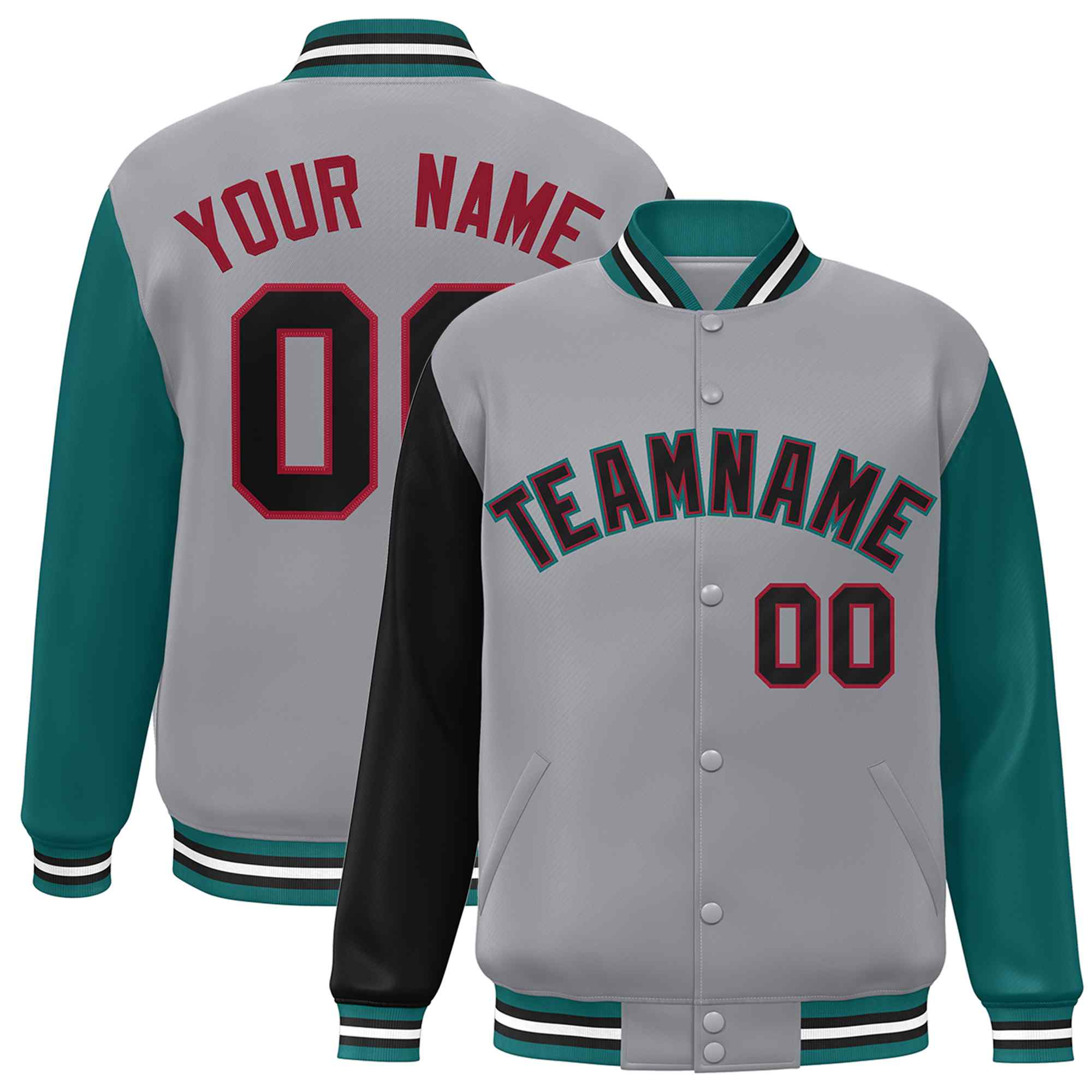 Custom Gray Black-Crimson Raglan Sleeves Varsity Full-Snap Letterman Jacket