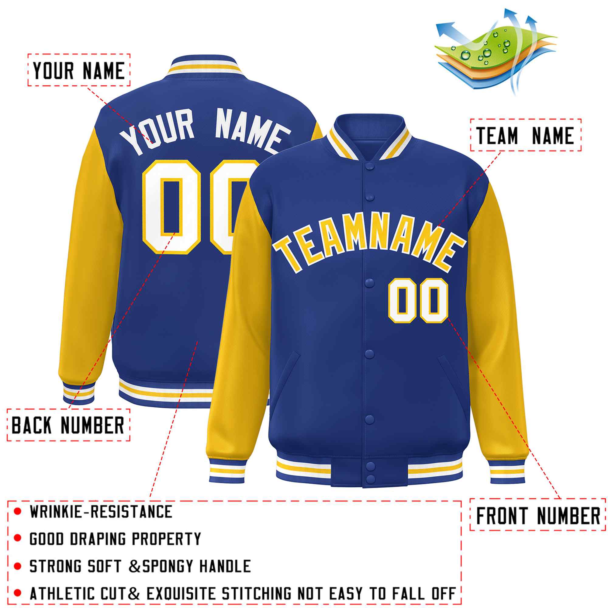 Custom Royal Gold-White Raglan Sleeves Varsity Full-Snap Letterman Jacket