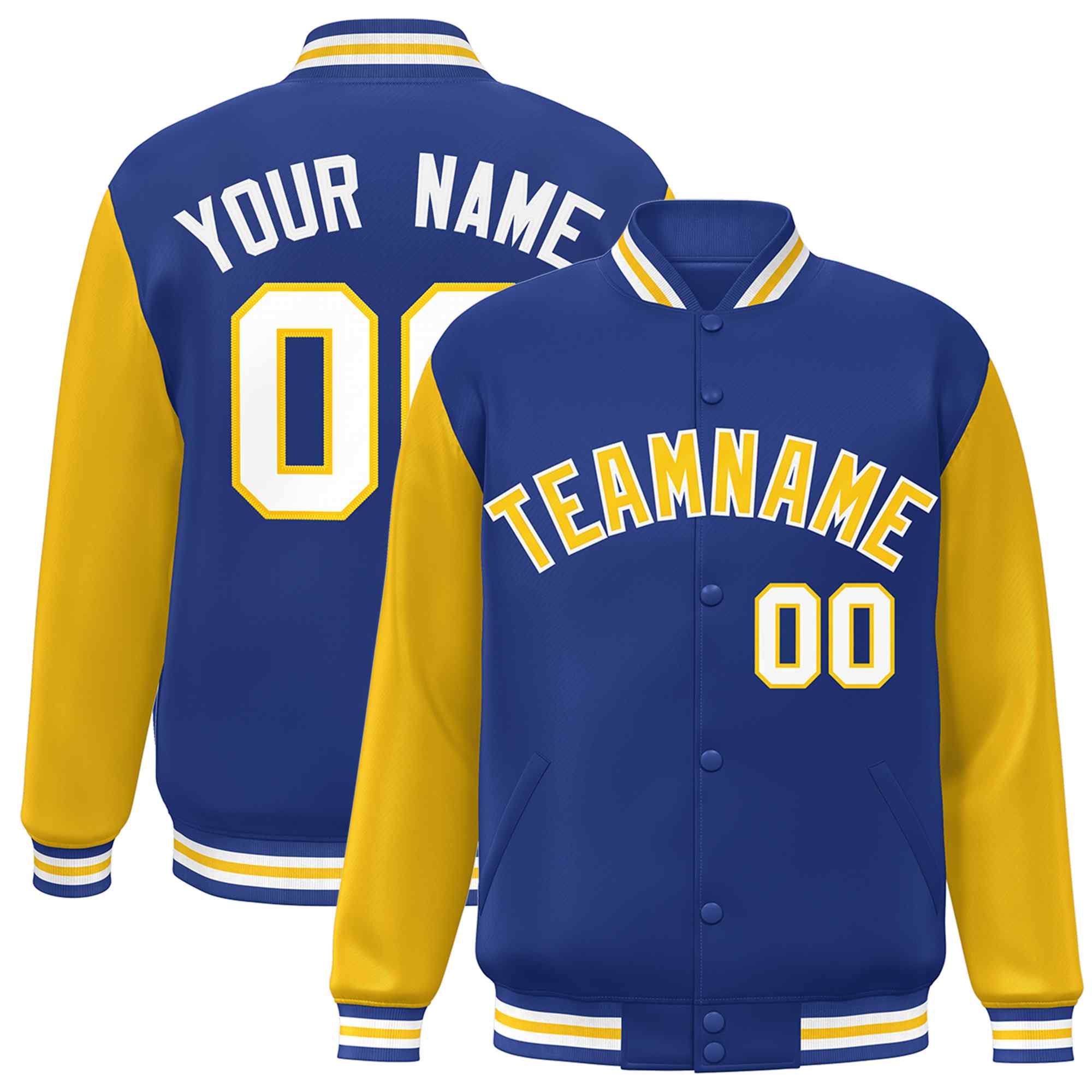 Custom Royal Gold-White Raglan Sleeves Varsity Full-Snap Letterman Jacket