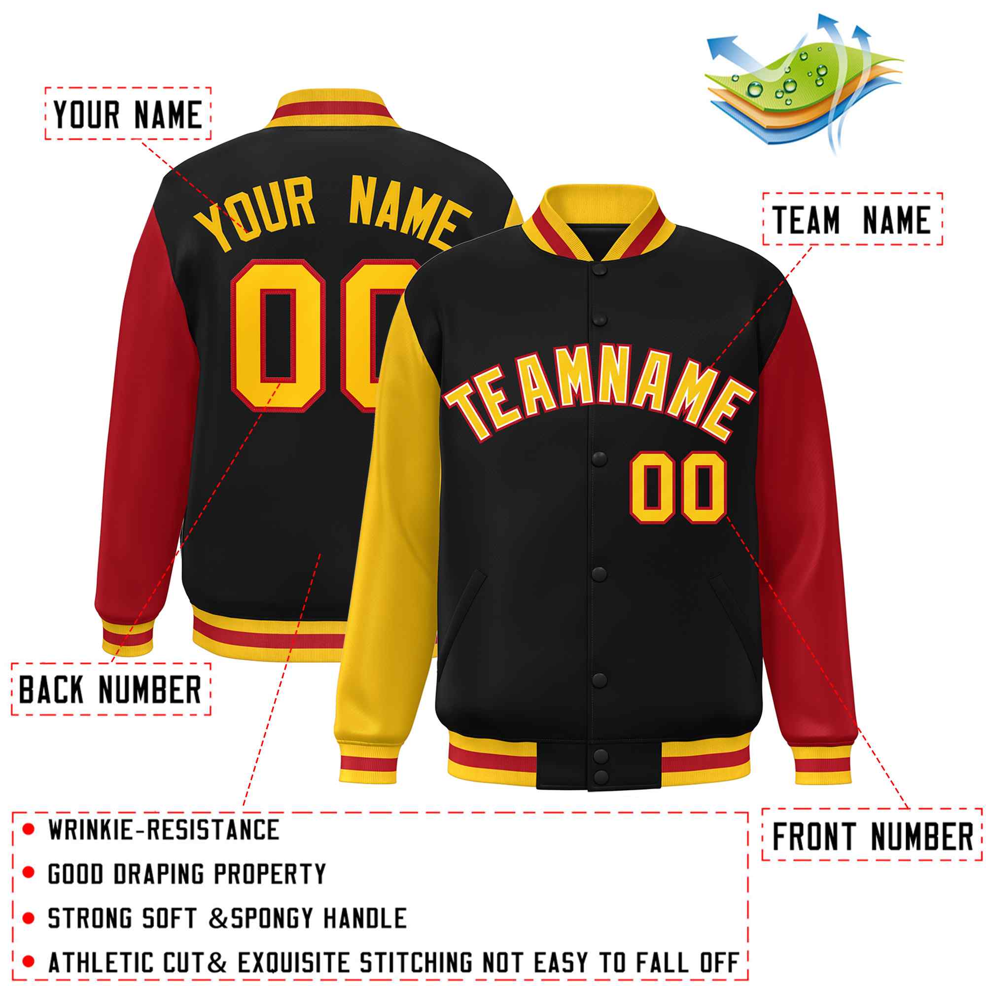 Custom Black Gold-White Raglan Sleeves Varsity Full-Snap Letterman Jacket