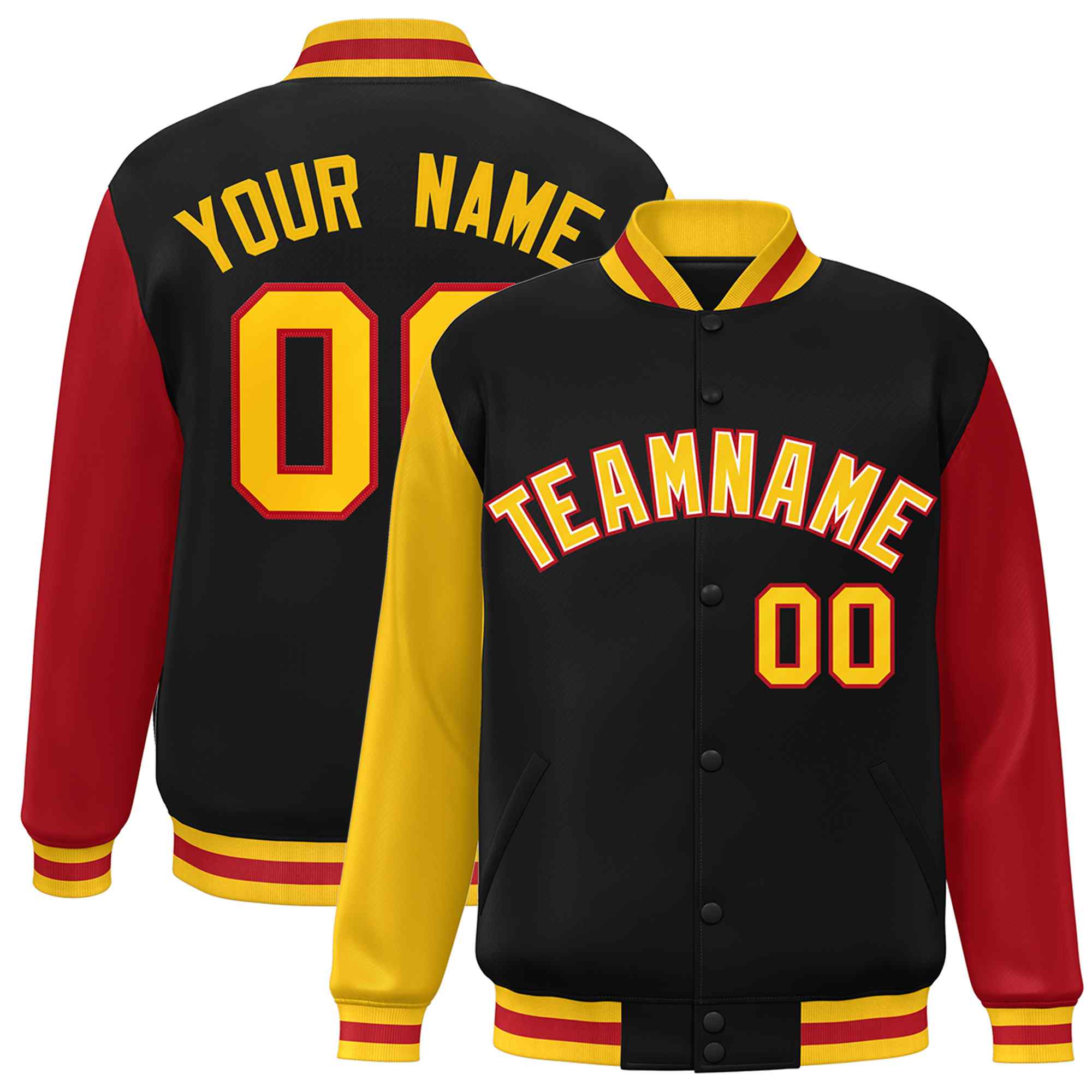 Custom Black Gold-White Raglan Sleeves Varsity Full-Snap Letterman Jacket