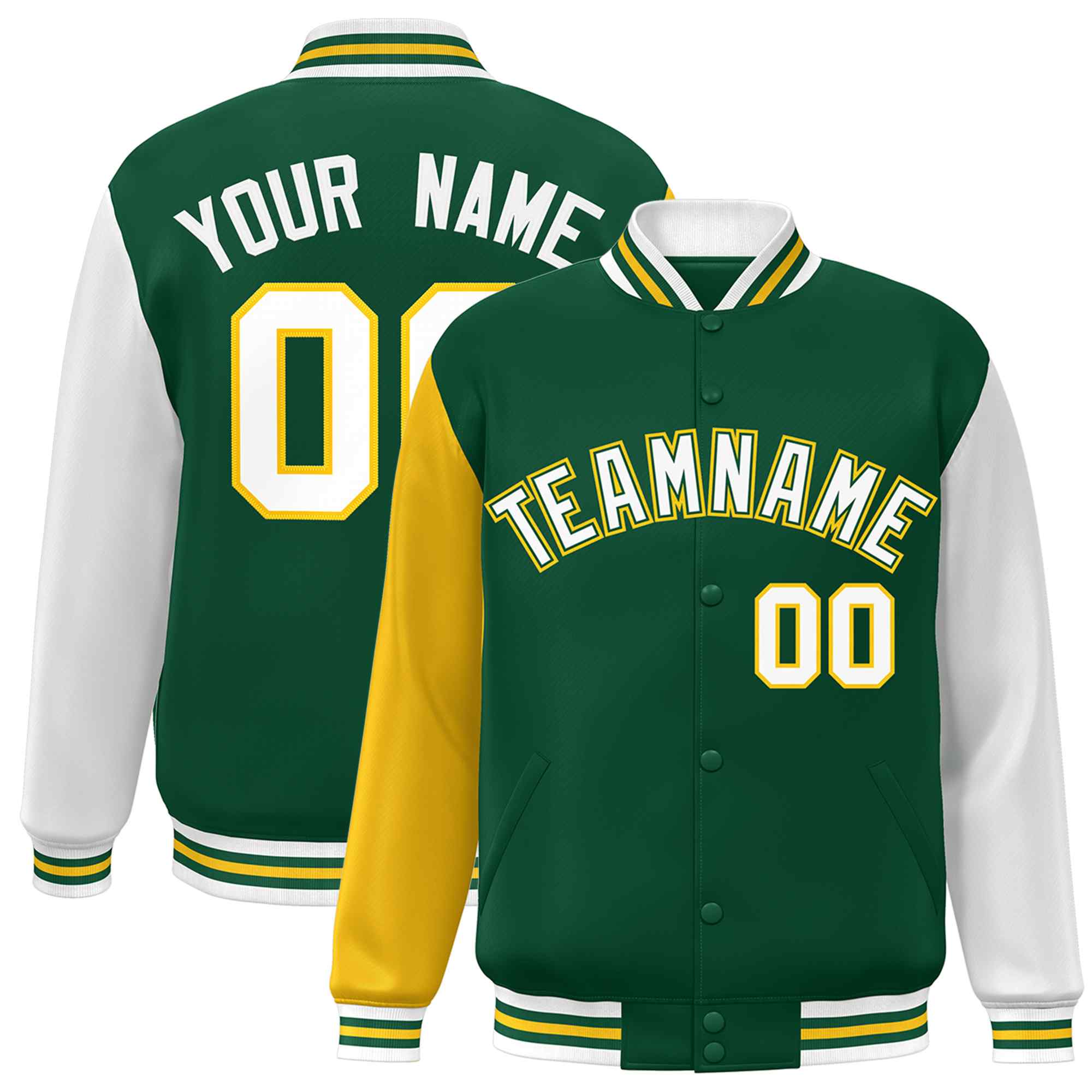 Veste Letterman Varsity Full-Snap à manches raglan vert blanc-vert personnalisée