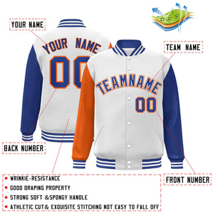 Veste Letterman Varsity Full-Snap à manches raglan blanches et orange personnalisées