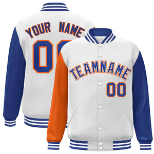 Veste Letterman Varsity Full-Snap à manches raglan blanches et orange personnalisées