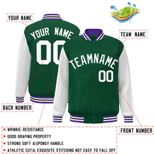 Veste Letterman Varsity Full-Snap à manches raglan blanches et vertes personnalisées