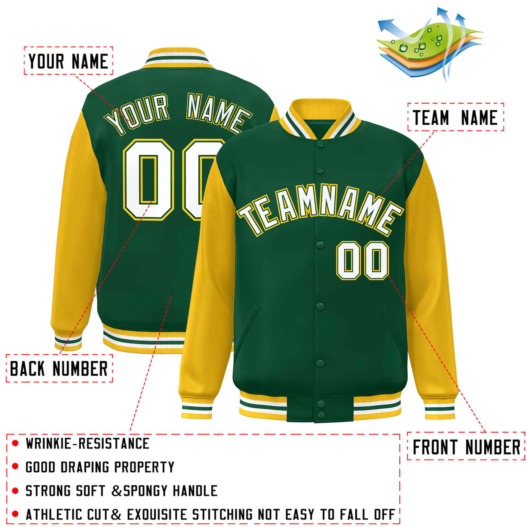 Veste Letterman Varsity Full-Snap à manches raglan personnalisées vert blanc-vert