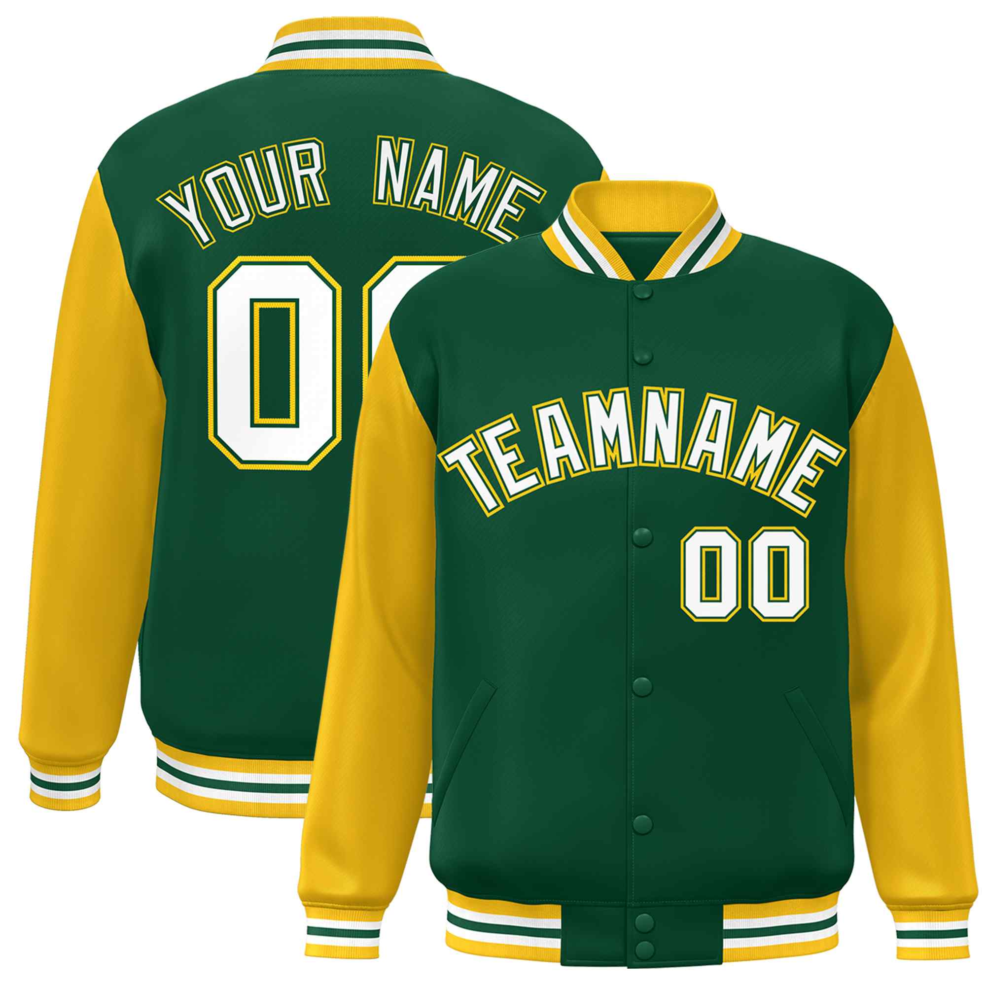 Veste Letterman Varsity Full-Snap à manches raglan personnalisées vert blanc-vert