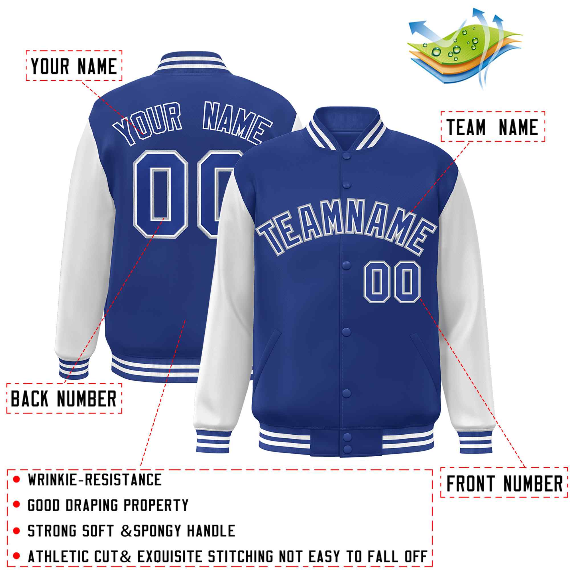 Veste Letterman Varsity à manches raglan Royal Royal-White personnalisée