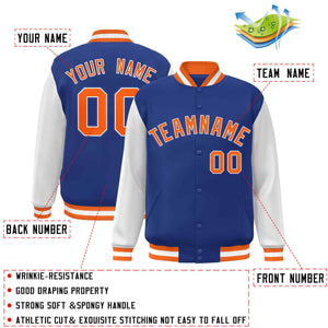 Custom Royal Orange-White Raglan Sleeves Varsity Full-Snap Letterman Jacket