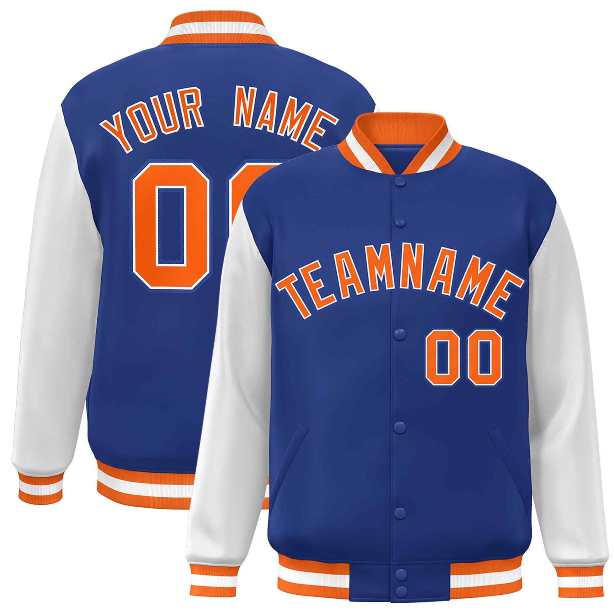 Veste Letterman Varsity Full-Snap Custom Royal Orange-Blanc à manches raglan