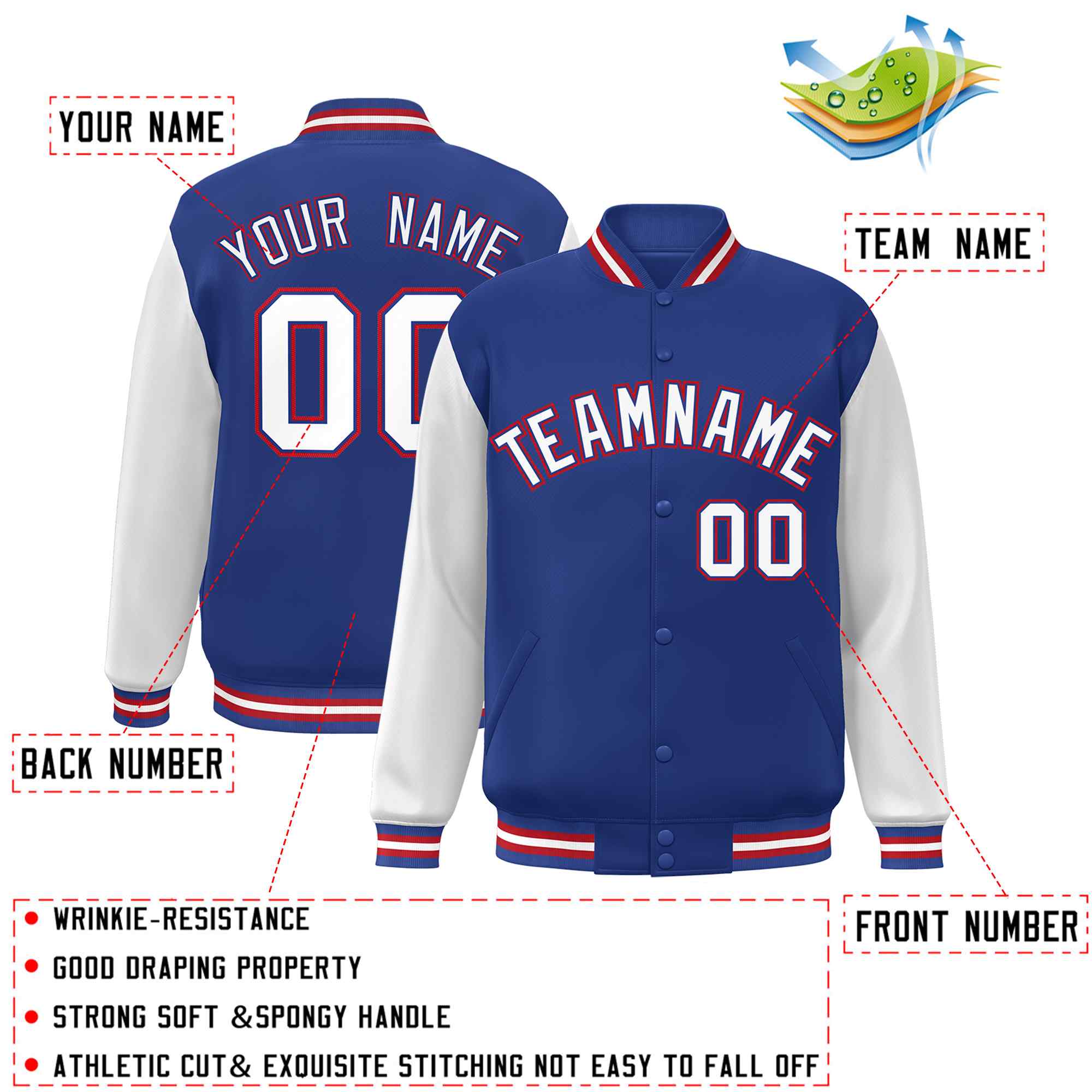 Veste Letterman Varsity Full-Snap Custom Royal White-Royal Raglan Sleeves